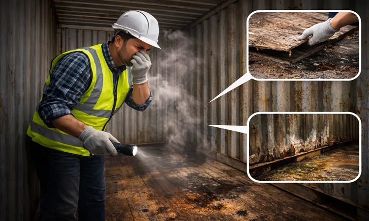 کارشناسی کانتینر دست دوم قبل از خريد + چک ليست مرحله ای برای تشخيص کانتینر سالم 3 مرحله 3 بررسی داخل کانتینر (بو، رطوبت، کف) | پیمان کانتین