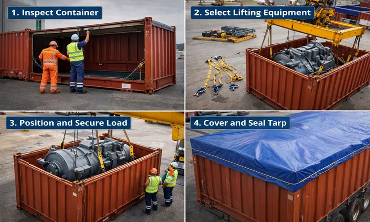 کانتینر Open Top چيست؟ راهنمای انتخاب و بارگيری مرحله ای برای بارهای بلند و سنگين 4 مراحل بارگيری از بالا (از آماده سازی تا بستن چادر) | پیمان کانتین
