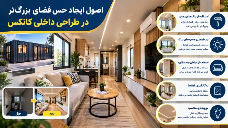 راهنمای طراحی داخلی کانکس برای ایجاد حس فضای بزرگ تر 2 اصول ایجاد حس فضای بزرگ تر